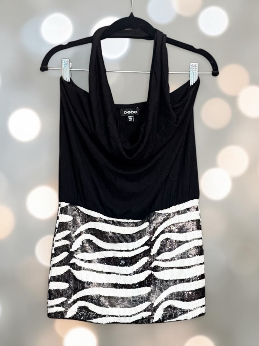 Y2K BEBE SEQUIN BLACK & WHITE ZEBRA PRINT BODYCON MINI HALTER DRESS SIZE XXS